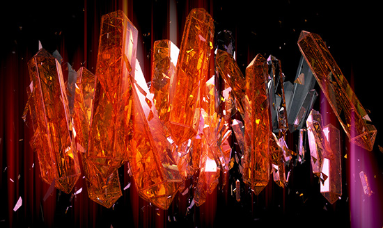 CG, 3D rendered image of orange crystals floating in a void, Crystaline Breath, Using Cinema 4D, After Effects and photoshop, by Lee Robinson, freelance motion graphics designer, altered.tv london, design animation